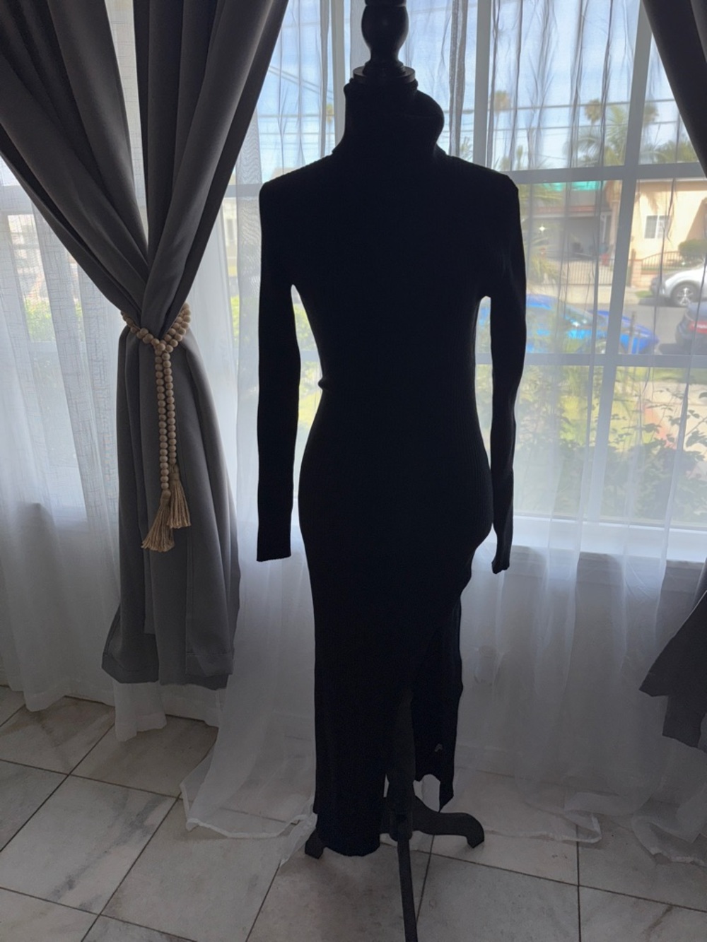 Women's Black Long Sleeve Ribbed Turtleneck Midi Dress